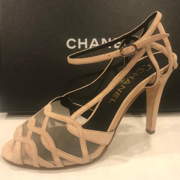 CHANEL 18C Suede Mesh Open Toe Ankle Strap Sandals Heels Shoes Pumps - Picture 1 of 12